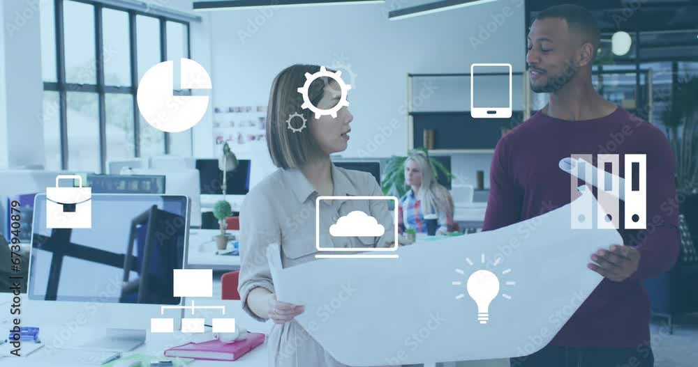 Aufkleber animation of multiple icons over diverse architects discussing floor plan on blueprint in office