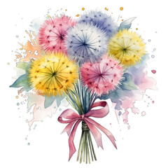 Fototapeta na wymiar Bunch of bouquet of yellow dandelions, watercolor illustration, isolated on transparent background