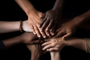 Many hands of different races and ethnicities.Diverse youth fighting against discrimination