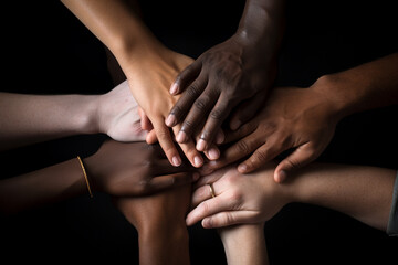 Many hands of different races and ethnicities.Diverse youth fighting against discrimination