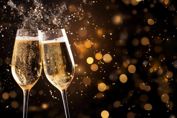 Celebration toast with champagne on bright background with bokeh effect. - obrazy, fototapety, plakaty
