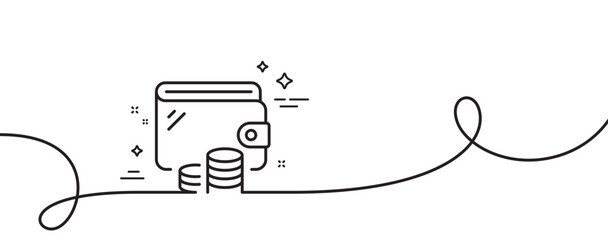 Wallet line icon. Continuous one line with curl. Money purse sign. Cash budget symbol. Wallet single outline ribbon. Loop curve pattern. Vector