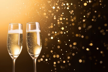 Celebration toast with champagne on bright background with bokeh effect.