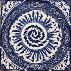 ornamental round ornament  A spiral blue and white Turkish decorative spiral tile plate with a spiral floral pattern 