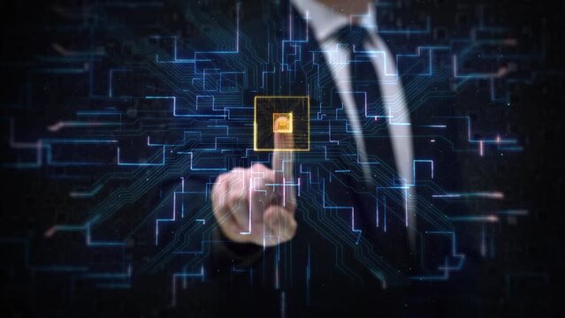 
Human Finger Turns on Touch Screen Button and Activates Futuristic Artificial Intelligence. Visualization of Machine Learning, Circuit Board, Micro Processor, Virtual Augmented Reality, Computer Tech