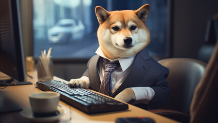 Shiba Inu in businessman costume working in the office