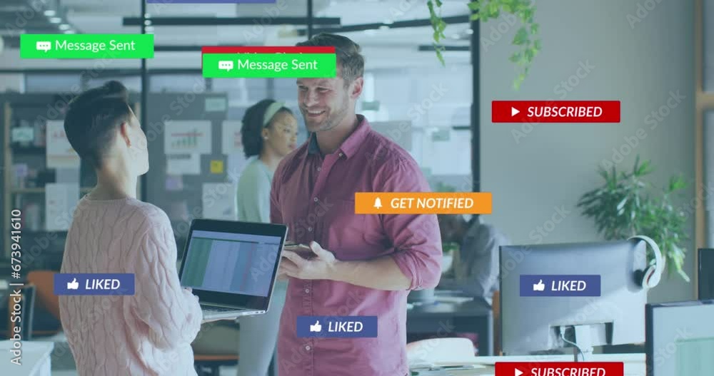 Poster animation of multiple notification bars over diverse coworkers standing and discussing in office