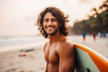 Happy indian male surfer on the beach with surfboard in hand. Handsome male surfer smiling at camera, ready to surf. Summer at the beach, surfing - obrazy, fototapety, plakaty