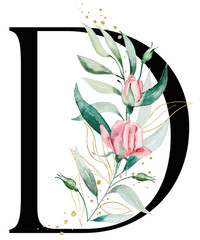 Black letter D with pink watercolor flowers and green and golden leaves, isolated illustration