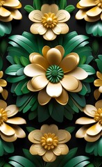 Luxury floral seamless with flowers elegant leather texture illustration background in golden, green, white, and black colors. 3d abstraction wallpaper, Generative AI