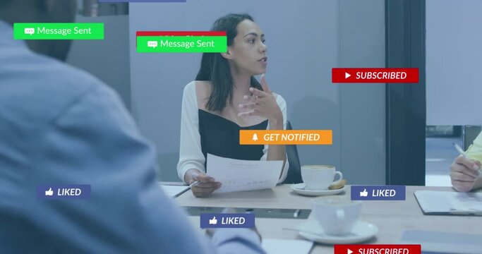 Animation of notification bars over diverse woman sharing ideas with coworkers in office