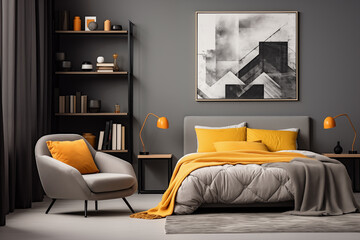 Bedroom with bed and chair in gray and yellow colors