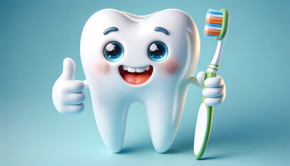 Cheerful Cartoon Tooth with Toothbrush, Promoting Dental Hygiene
