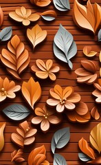 Elegant wooden texture leaves and flowers hanging above on brick wall with waterdrops illustration Background. 3d abstraction wallpaper for interior mural wall art decor, Generative AI
