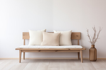 Wooden bench in a home, neutral beige colors