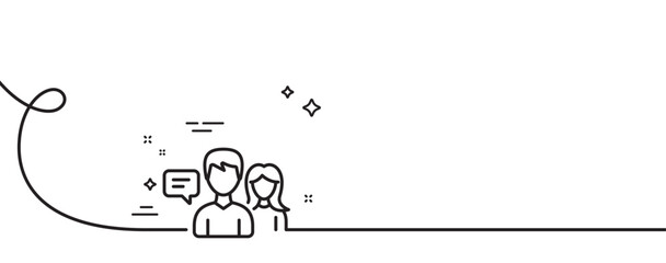 People talking line icon. Continuous one line with curl. Conversation sign. Communication speech bubbles symbol. People talking single outline ribbon. Loop curve pattern. Vector
