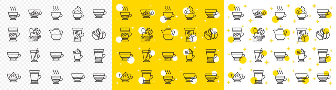 Set of Latte, Frappe and Cappuccino icons. Coffee types and Tea icons. Espresso, Doppio and Cafe Crema. Americano, Whipped cream latte and Coffee with ice. Mocha cafe, Herbal, Mint tea cups. Vector