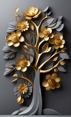 3d mural wallpaper abstract gray background  tree with golden stem and flowers . will visually expand the space in a small room, bring more light and become an accent in the interior, Generative AI