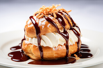 Gourmet Profiterole Topped with Drizzled with Chocolate Sauce - obrazy, fototapety, plakaty