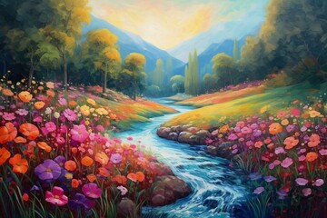 A colorful oil painting depicting a river flowing through a forest with vibrant fields of flowers. Generative AI