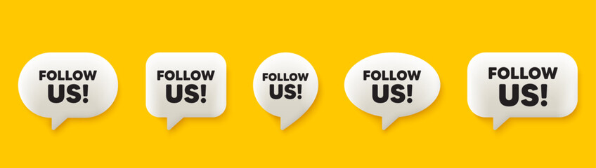 Follow us tag. 3d chat speech bubbles set. Special offer sign. Super offer symbol. Follow us talk speech message. Talk box infographics. Vector