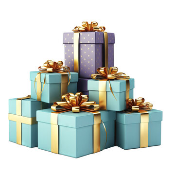 Christmas preparation concept. Stack of different colorful presents for every family member. Pile of gifts in bright festive wrapping. White background. AI generated image.
