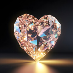 A diamond in the shape of a heart. Pastel yellow light, shadow and black background. texture of geometric shapes and blue pink glow.