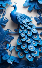 3d mural background blue peacock wallpaper with butterfly, Generative AI