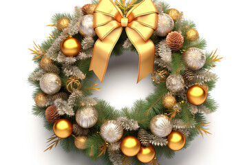Fototapeta na wymiar Christmas wreath with shiny baubles anr ribbon. Ornate wreath for winter holidays.
