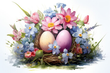 Fototapeta na wymiar Illustration of watercolor Easter eggs in flowers, fantasy painting in pastel colors