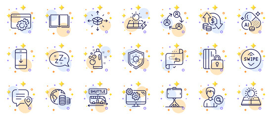 Fototapeta na wymiar Outline set of Chat bubble, Swipe up and Target path line icons for web app. Include Blocked card, Solar panels, Budget pictogram icons. Seo gear, Shuttle bus, Change money signs. Vector