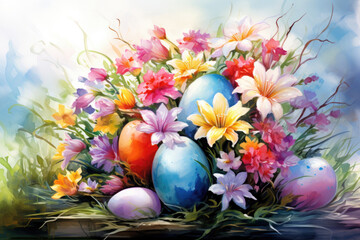 Illustration of watercolor Easter eggs in flowers, fantasy painting in pastel colors