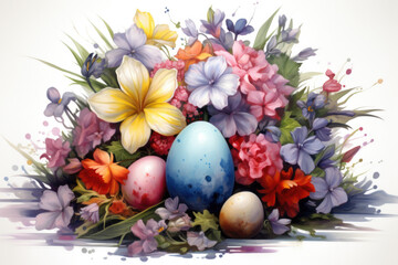 Obraz na płótnie Canvas Illustration of watercolor Easter eggs in flowers, fantasy painting in pastel colors