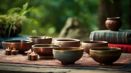 Set of tibetan singing bowls for yoga, meditation, sound massage and healing