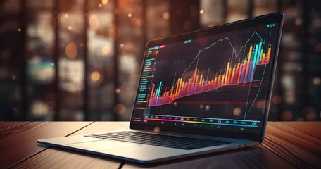 Foto op Plexiglas laptop monitor charts, graphic concept, Investment finance chart, analyzing business diagram, marketing statistics, forex trading graph, charts climbing,money diagram background, wallpaper for © elina