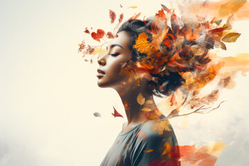 Fototapeta premium Mindful Moments: Autumn's Serenity in a Asian Woman's Portrait