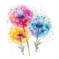 Rainbow colored dandelions, watercolor style, isolated on transparent background