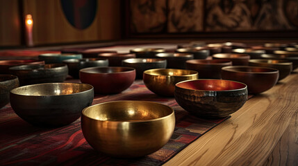 Set of tibetan singing bowls for yoga, meditation, sound massage and healing - obrazy, fototapety, plakaty