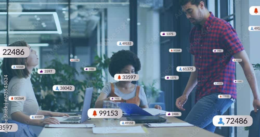 Poster animation of multiple notification bars over diverse coworkers discussing reports in office