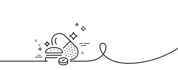 Overeating pills line icon. Continuous one line with curl. Food digestion capsule sign. Unhealthy nutrition symbol. Overeating pills single outline ribbon. Loop curve pattern. Vector