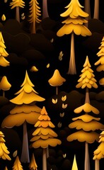 3d illustration forest landscape art wallpaper. golden trees in dark background, Generative AI