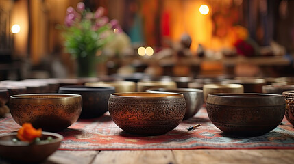 Set of tibetan singing bowls for yoga, meditation, sound massage and healing - obrazy, fototapety, plakaty