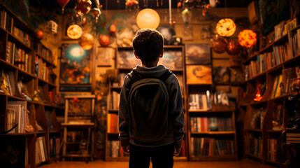 Child standing in front of a bookshelf fantasy reading books interested read a book