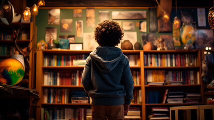 Child standing in front of a bookshelf fantasy reading books interested read a book