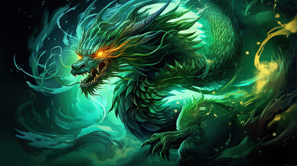 Fototapeta na wymiar Green dragon, mysterious monster from farytales and symbol of 2024 lunar year in Chinese calendar.