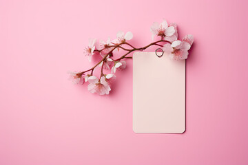 A light label or tag from clothing hangs on a branch of a blossoming cherry tree with a pink background. Blank space for promotional text or discount.