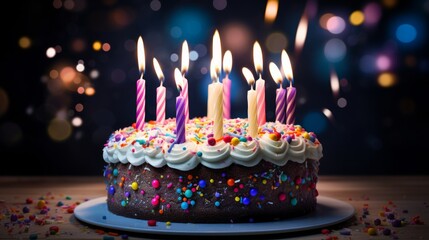 Cute bento cake with delicious frosting and lit candles. space for text