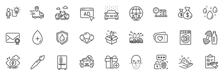 Icons pack as Add gift, Ice creams and Checklist line icons for app include Delivery truck, Ad, Truck delivery outline thin icon web set. Brush, Car leasing, Business idea pictogram. Vector