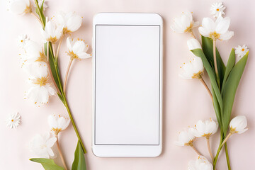 Mobile phone and tulip flowers on a pastel pink background. Free space on the screen for product placement or advertising text.