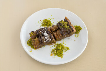 Turkish Dessert Sobiyet  Baklava, mussels baklava and classic baklava with Pistachio . Cevizli, Fistikli Baklava, top view.
